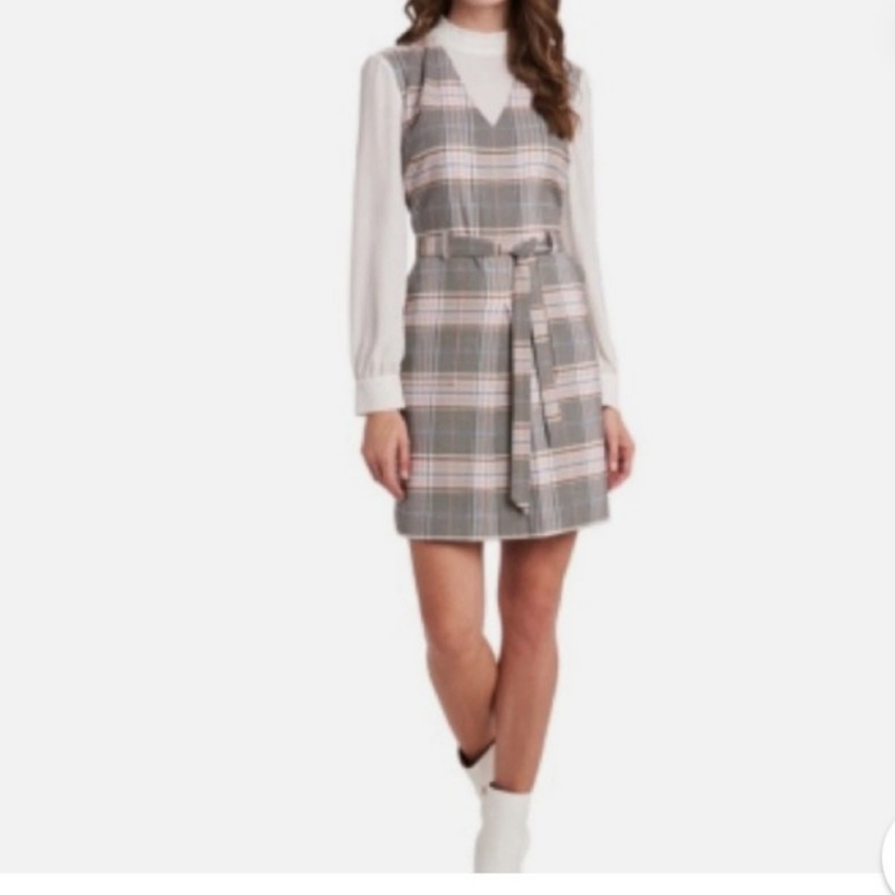 RILEY & RAY Tartan plaid lined Midi Dress hi Neckline long sleeves  Size 0